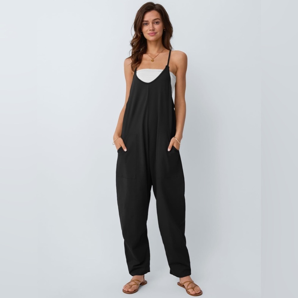 Black Slouchy Boho Harem Jumpsuit Spaghetti Strap Pockets Comfy Small